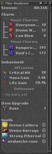 Interface do Misc Analyzer com Charms, Imbuements, Item Upgrade e Spells