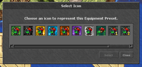 Janela de seleção de ícone para representar o Equipment Preset