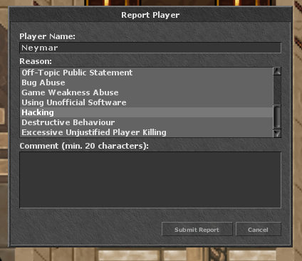 Janela de Report Player com categorias de denúncia