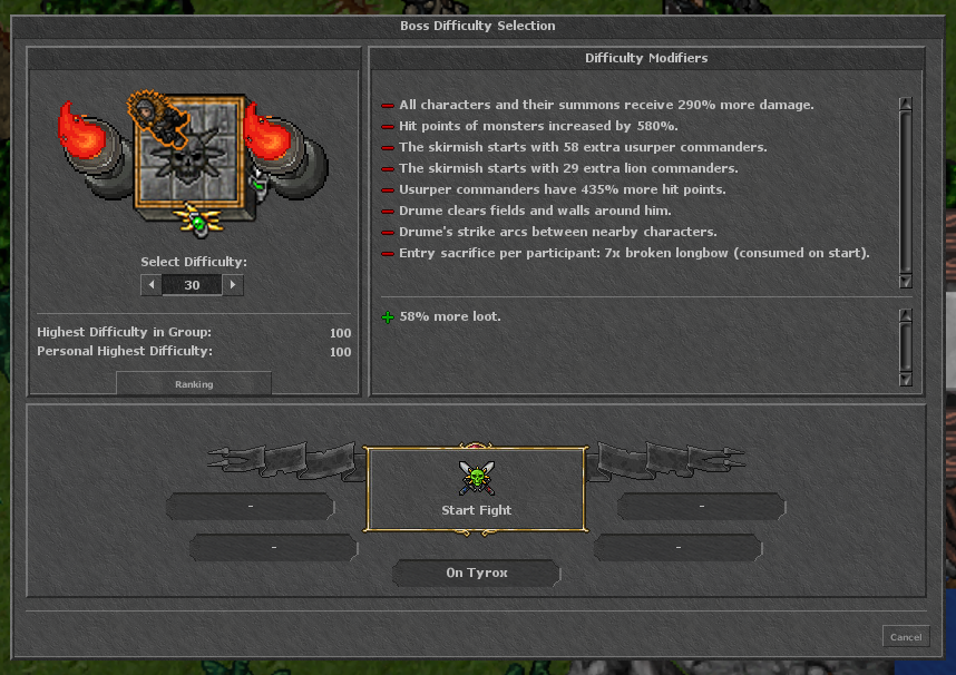 Interface de seleção de dificuldade de boss com modificadores e botão Start Fight