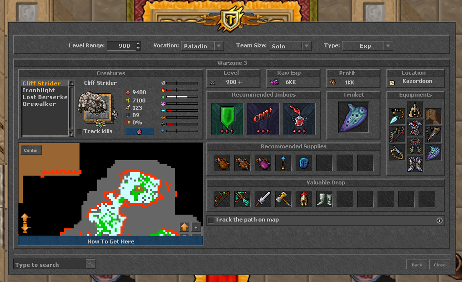 Tela de detalhes de uma hunt com criaturas, mapa, imbuements, equipamentos e suprimentos recomendados