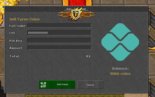 Interface de venda de Tyron Coins para o Coin Reseller