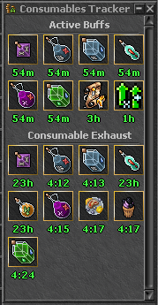 Interface do Consumables Tracker com Active Buffs e Consumable Exhaust