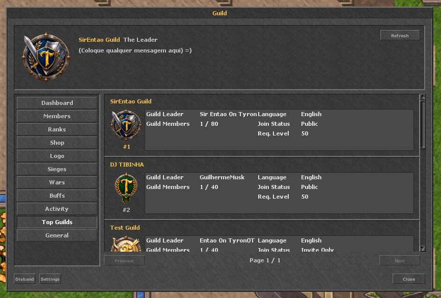 Aba Top Guilds com ranking de guildas do servidor