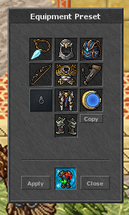 Painel de configuração do Equipment Preset mostrando slots de equipamento e botão Copy